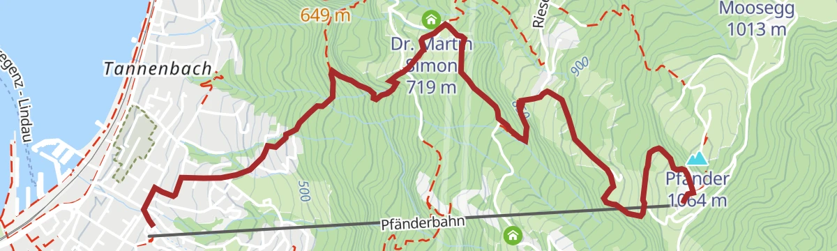 Route map: Abwechslungsreiche Talwanderung: Pfänderbahn – Lohorn – Altreute – Bregenz